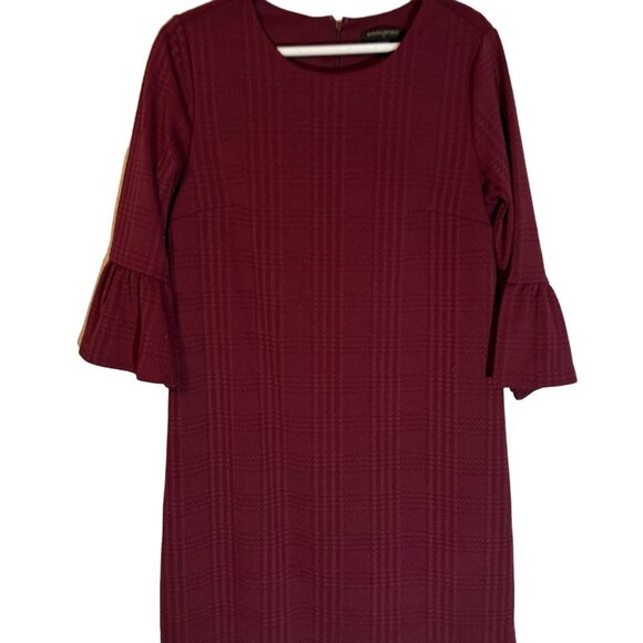 Banana Republic Plaid Textured Burgundy Dress With 3/4 Bell Sleeves Size M - Picture 4 of 12